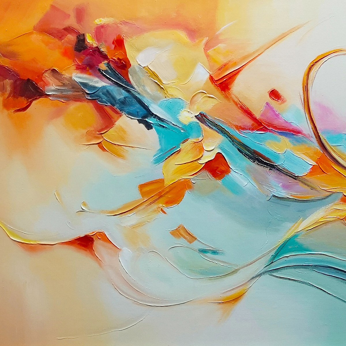 SERENE DAWN: Panoramic Abstract Teal and Gold Oil Painting - Image 6