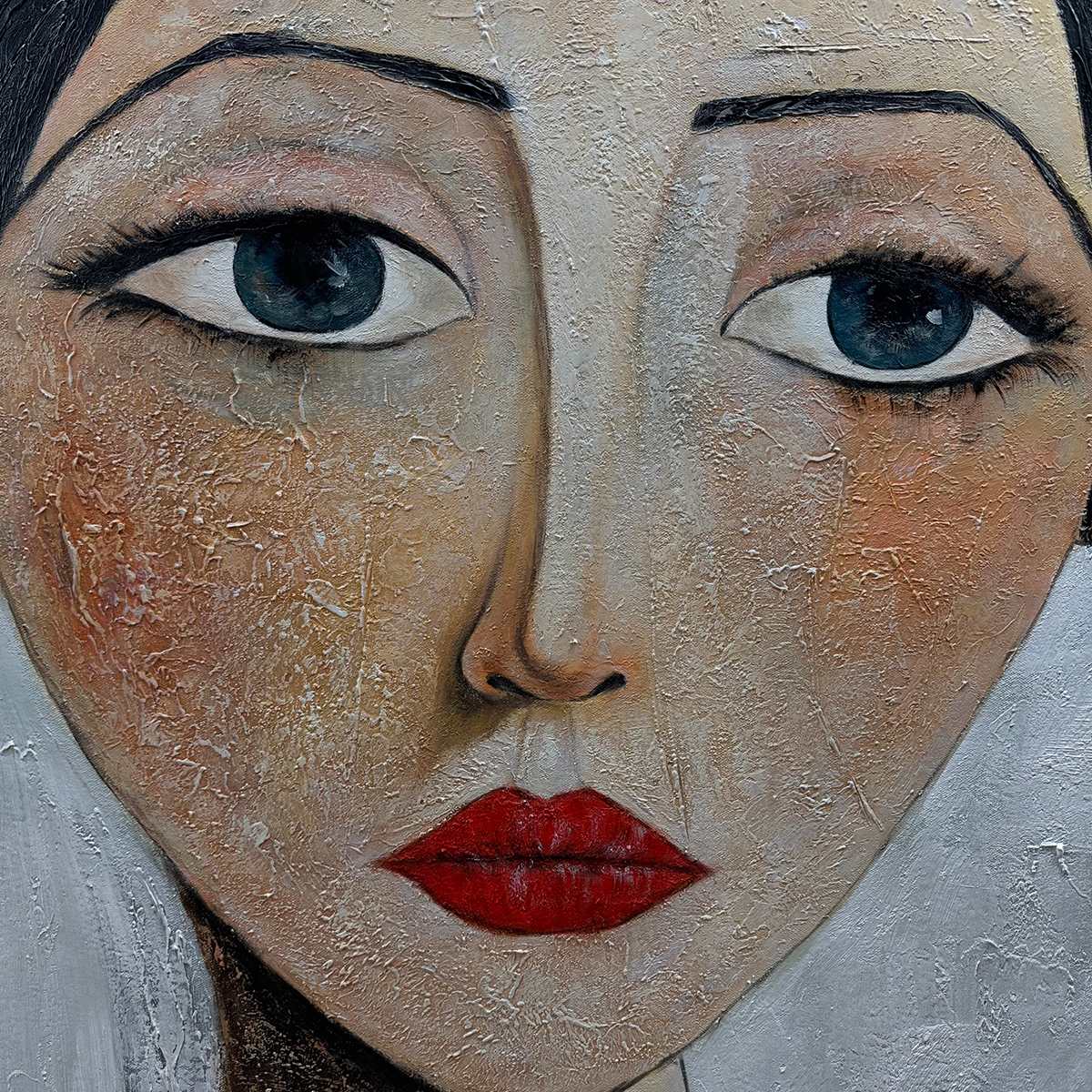 SERENE GAZE: Textured Figurative Portrait Oil Painting - Image 3