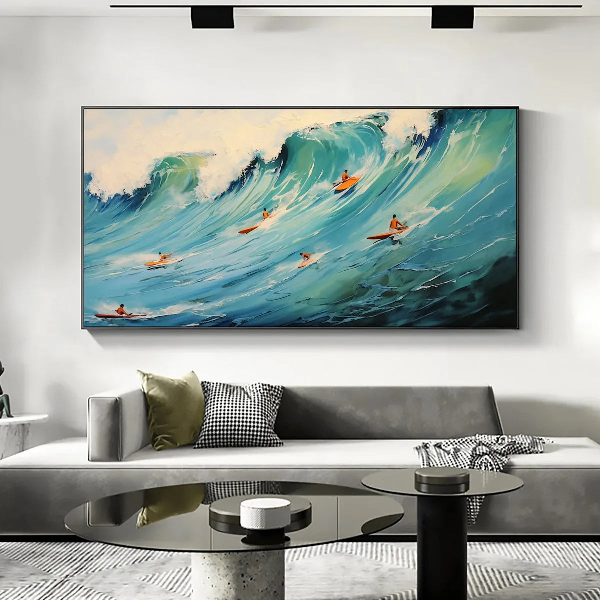 EPIC RIDE: Panoramic Ocean Painting of Surfers on a Majestic Wave - Image 5