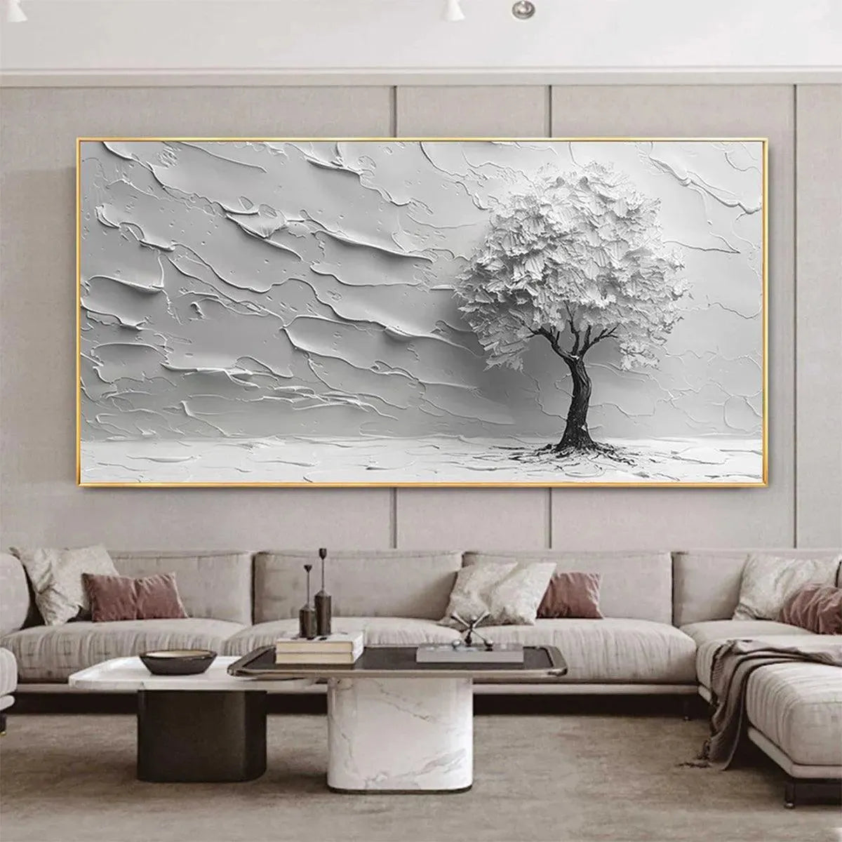 SERENE TREE: Textured 3D Tree Painting, White Impasto Wall Art, Panoramic Canvas, Minimalist Decor - Image 3