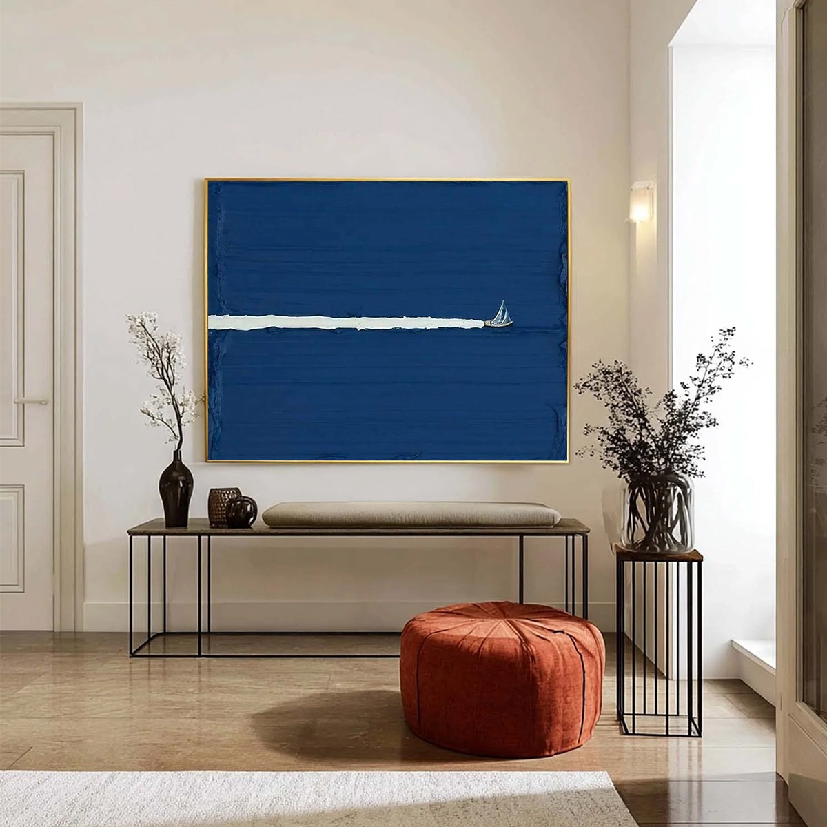 SILENT WAKE: Minimalist Sailboat Seascape Oil Painting - Image 2