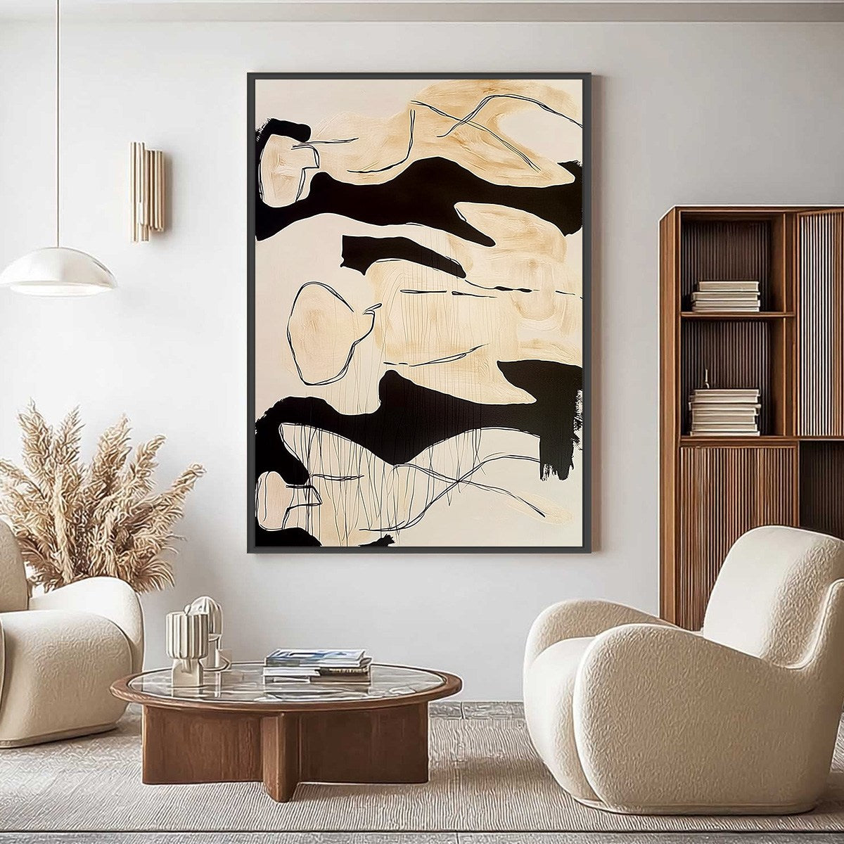 SILHOUETTES IN REPOSE: Large Abstract Figurative Painting in Black and Beige - Image 2
