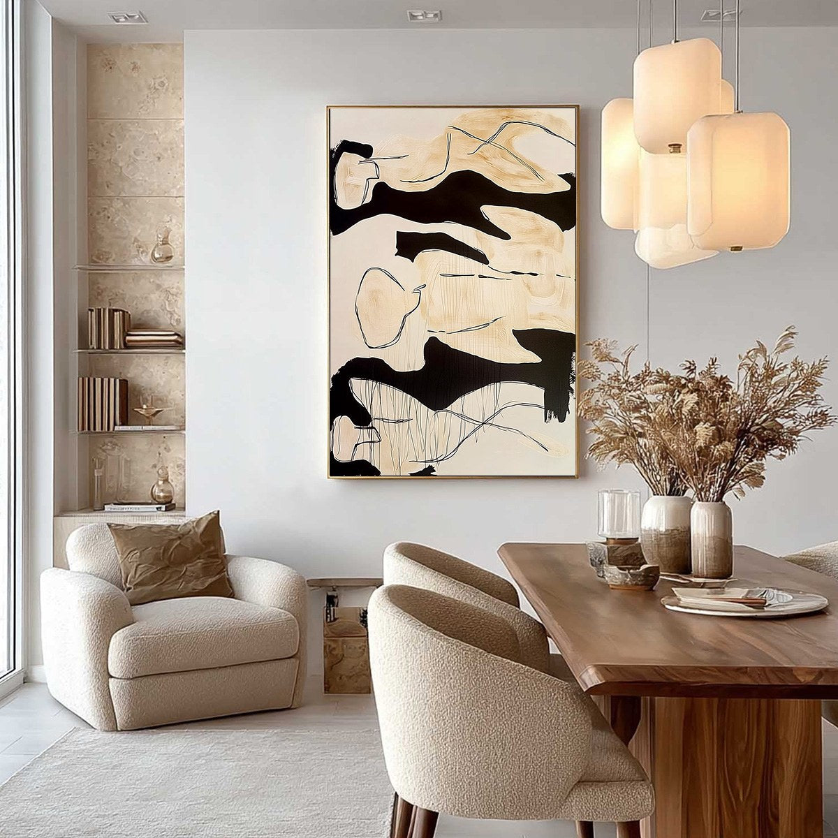SILHOUETTES IN REPOSE: Large Abstract Figurative Painting in Black and Beige - Image 4