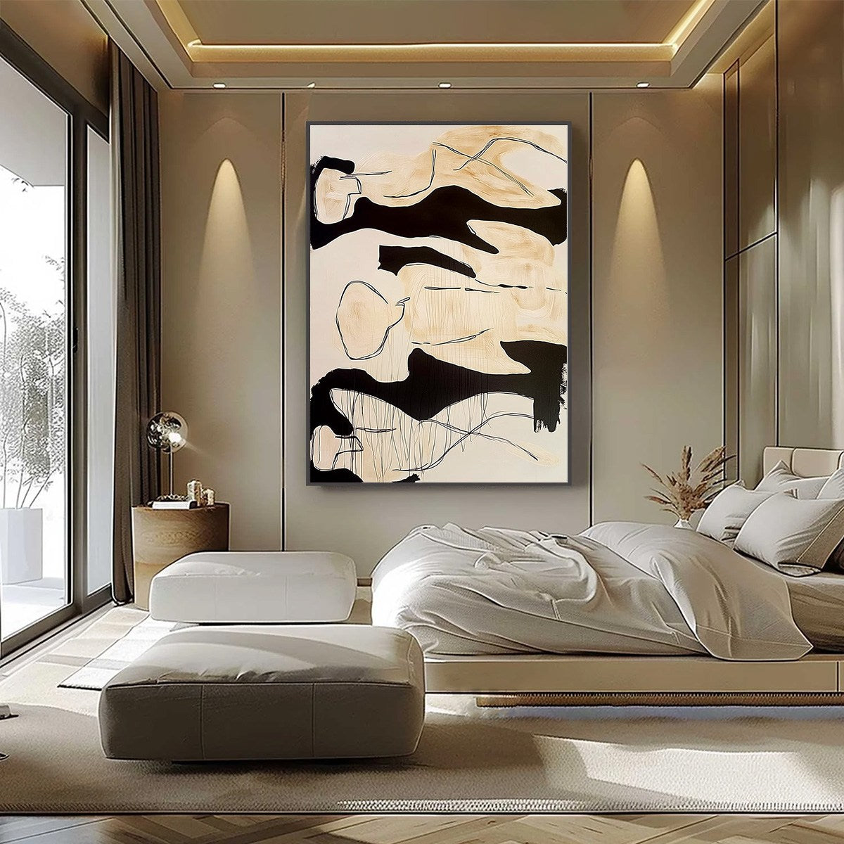 SILHOUETTES IN REPOSE: Large Abstract Figurative Painting in Black and Beige - Image 6