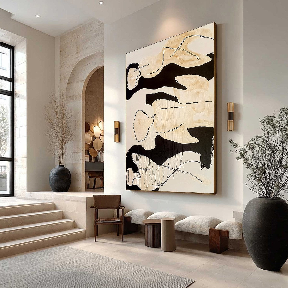 SILHOUETTES IN REPOSE: Large Abstract Figurative Painting in Black and Beige - Image 7