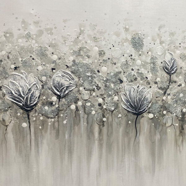 SILVER MIST: Minimalist Floral Oil Painting in Silver and Grey