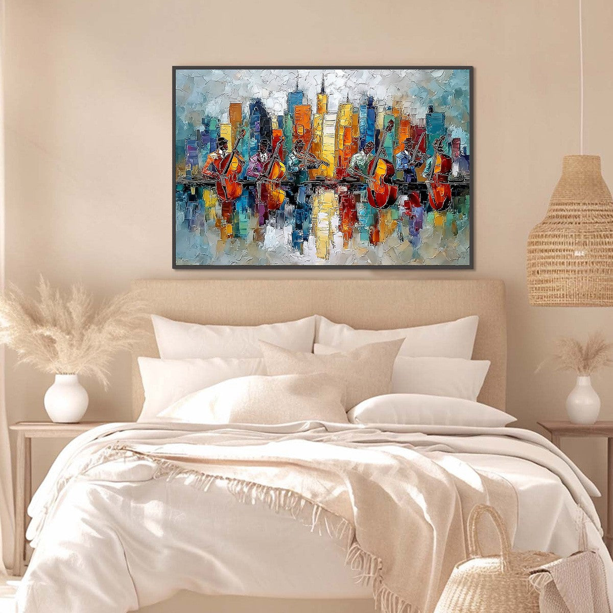 SKYLINE SONATA: Textured Palette Knife Painting of Musicians and Cityscape - Image 4