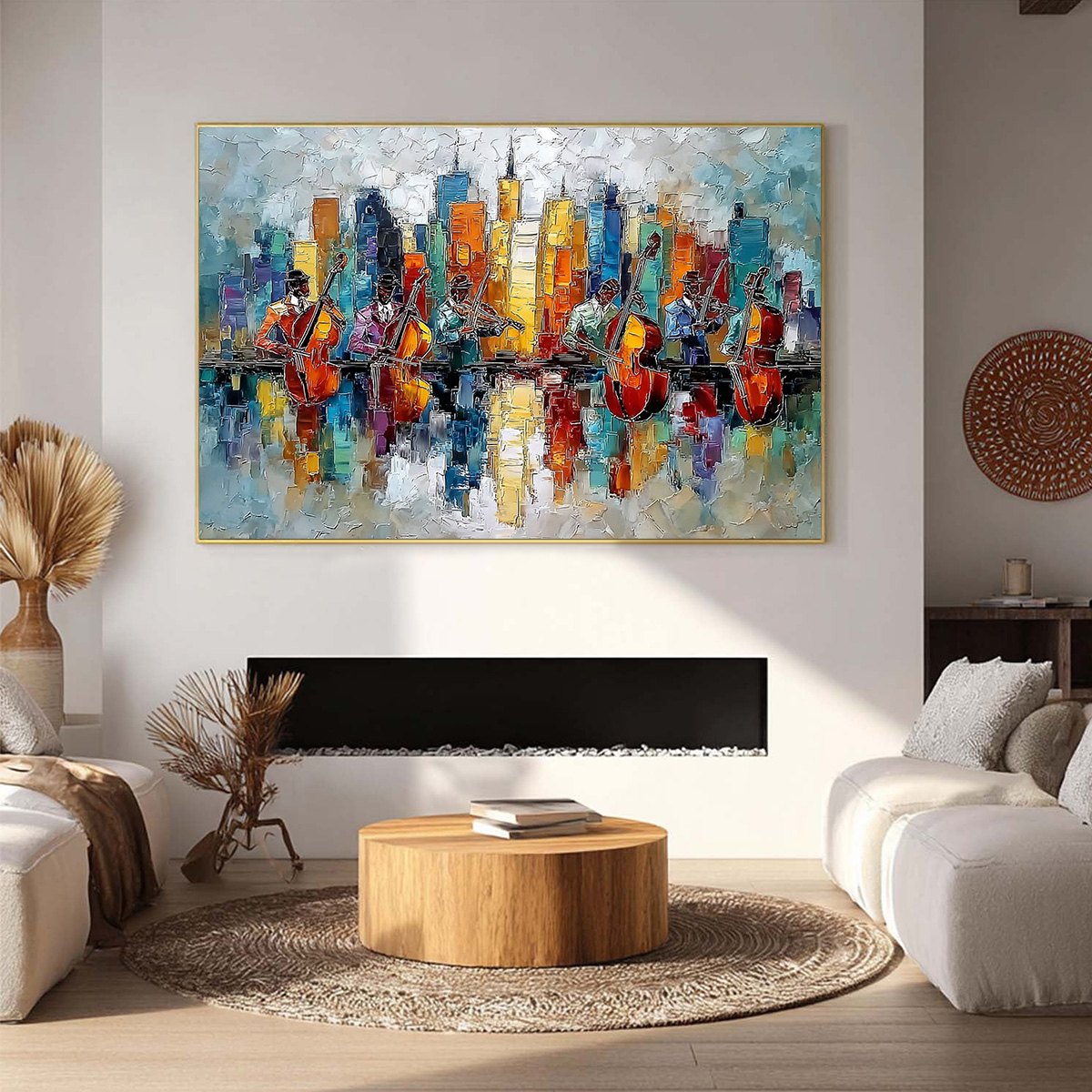 SKYLINE SONATA: Textured Palette Knife Painting of Musicians and Cityscape - Image 2