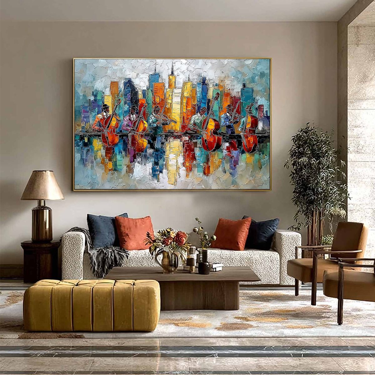 SKYLINE SONATA: Textured Palette Knife Painting of Musicians and Cityscape - Image 6