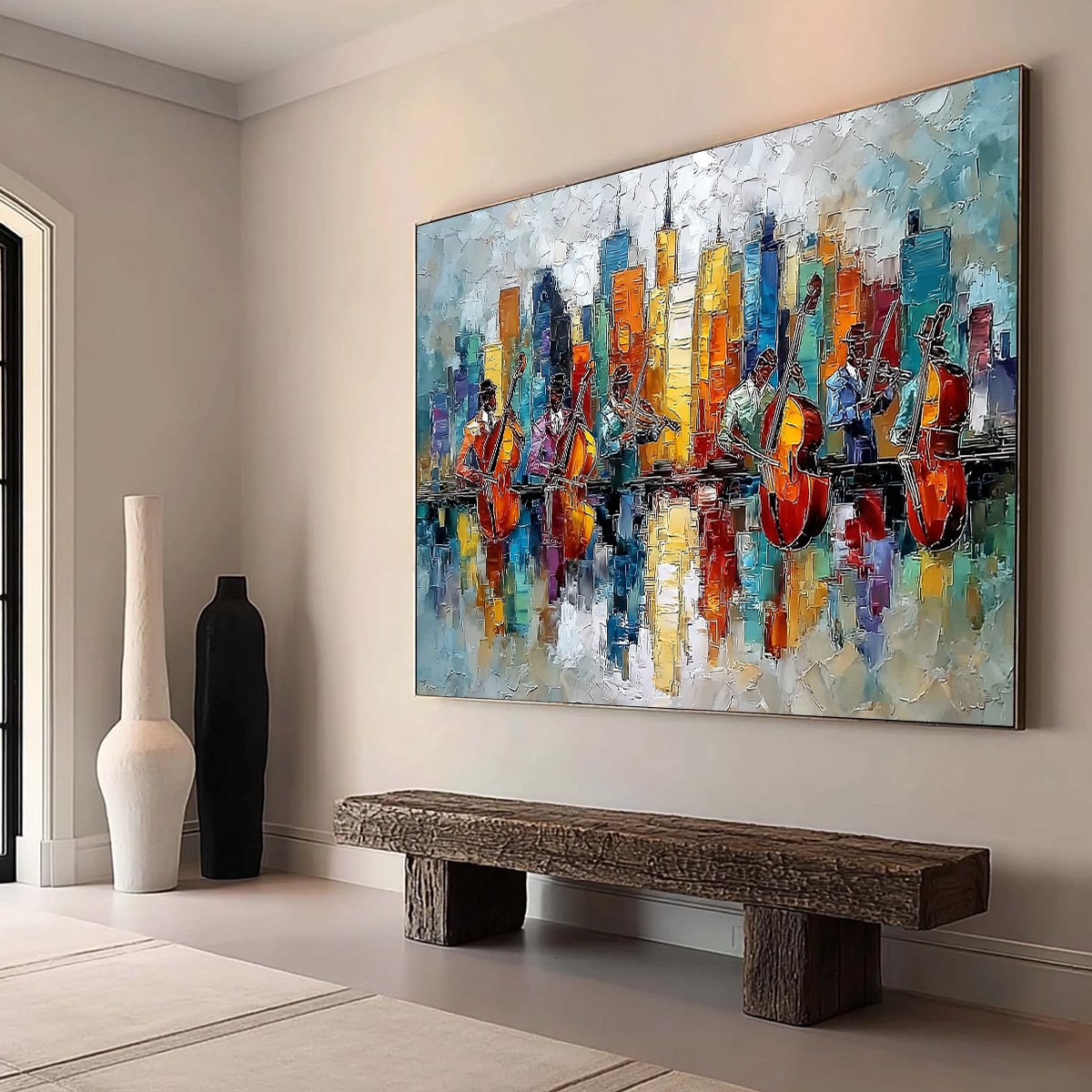 SKYLINE SONATA: Textured Palette Knife Painting of Musicians and Cityscape - Image 7