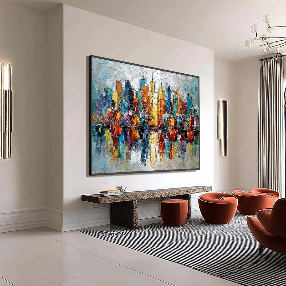 SKYLINE SONATA: Textured Palette Knife Painting of Musicians and Cityscape - Image 8