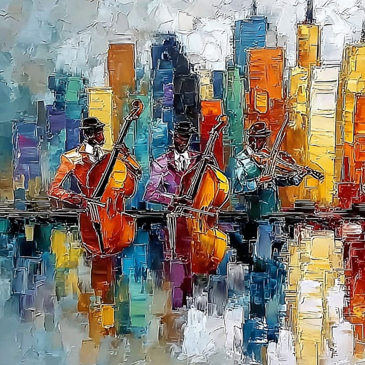 SKYLINE SONATA: Textured Palette Knife Painting of Musicians and Cityscape - Image 3