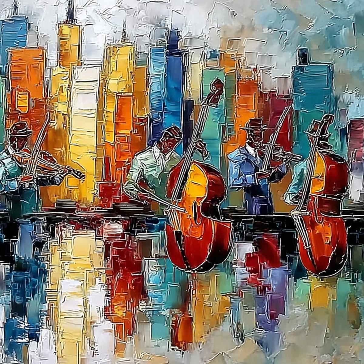 SKYLINE SONATA: Textured Palette Knife Painting of Musicians and Cityscape - Image 5