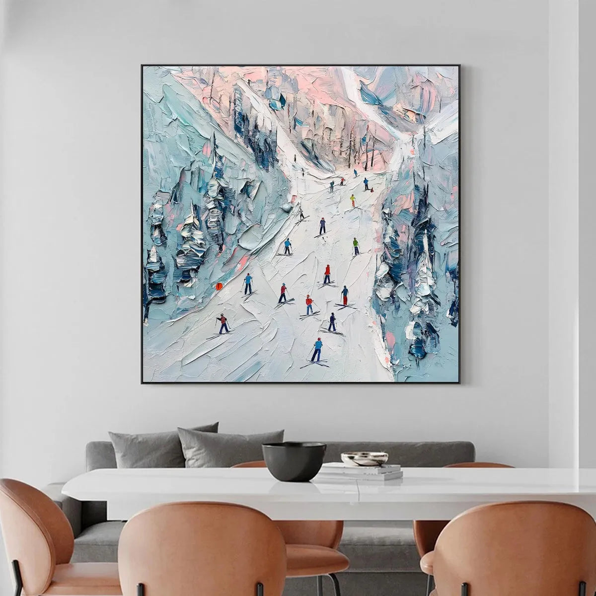 SLOPE LIFE: Textured Impasto Ski Slope Scene on Square Canvas - Image 7