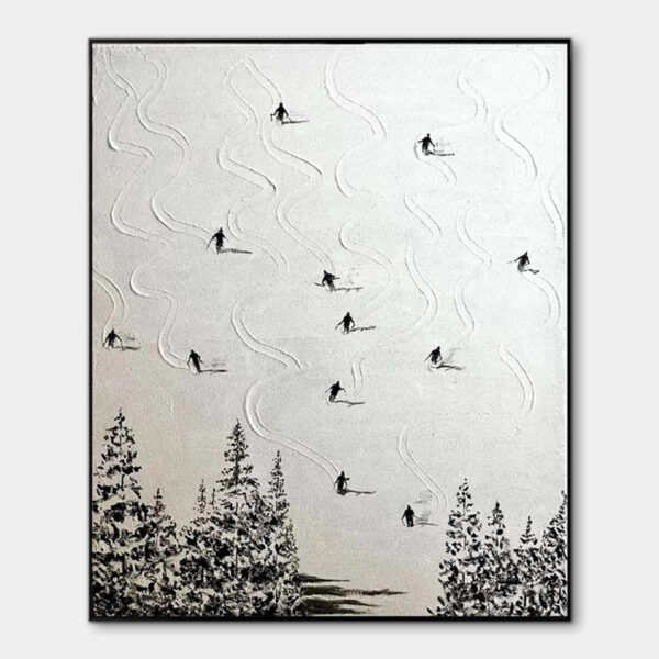 SNOW DANCE: Minimalist Skiing Painting on Textured Square Canvas
