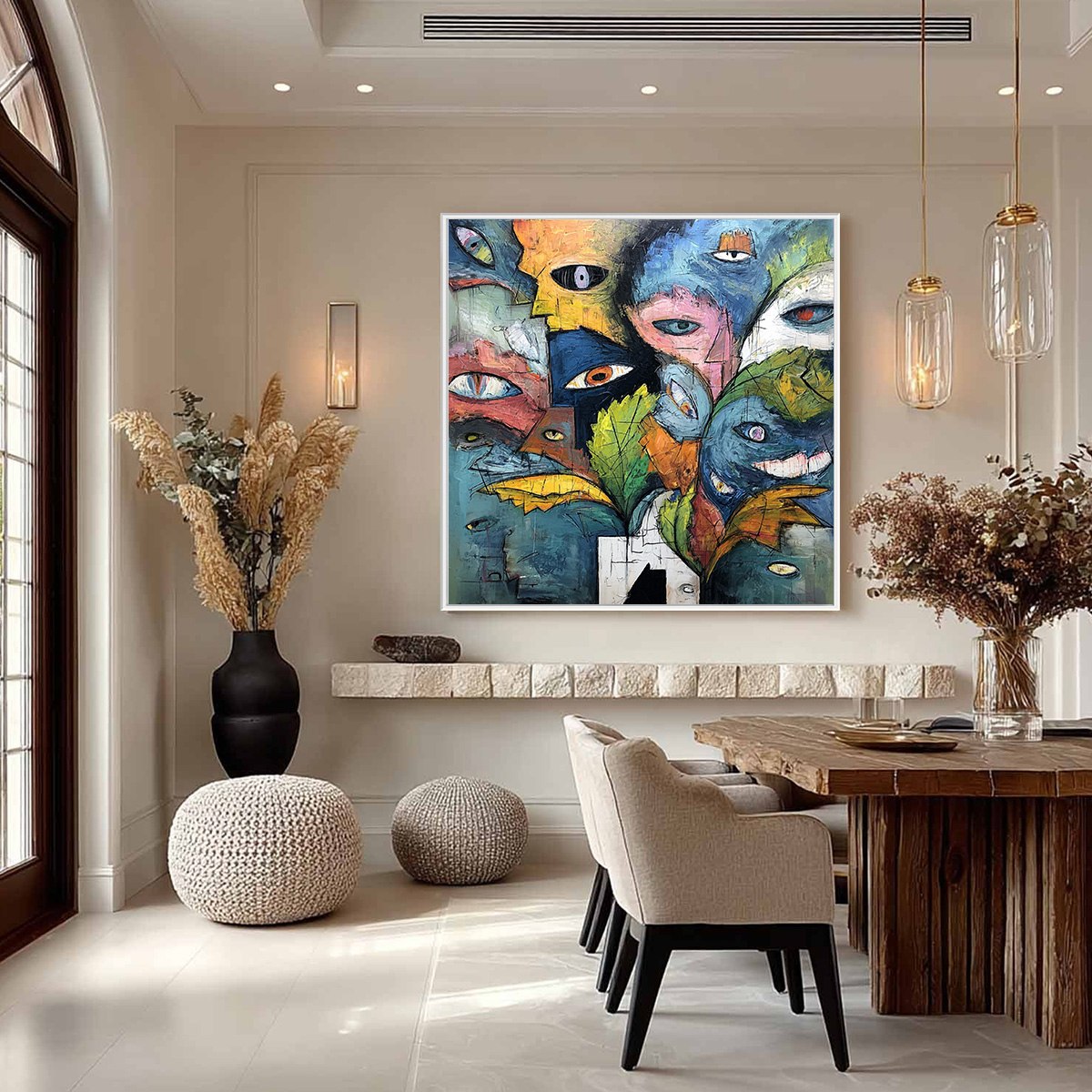 SPECTATORS: Large Colorful Abstract Faces Impasto Painting - Image 4