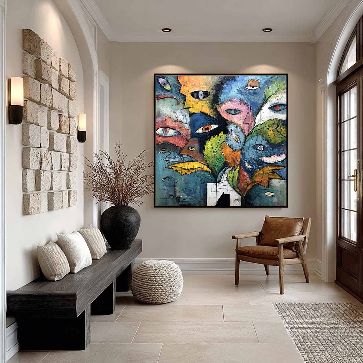 SPECTATORS: Large Colorful Abstract Faces Impasto Painting - Image 6