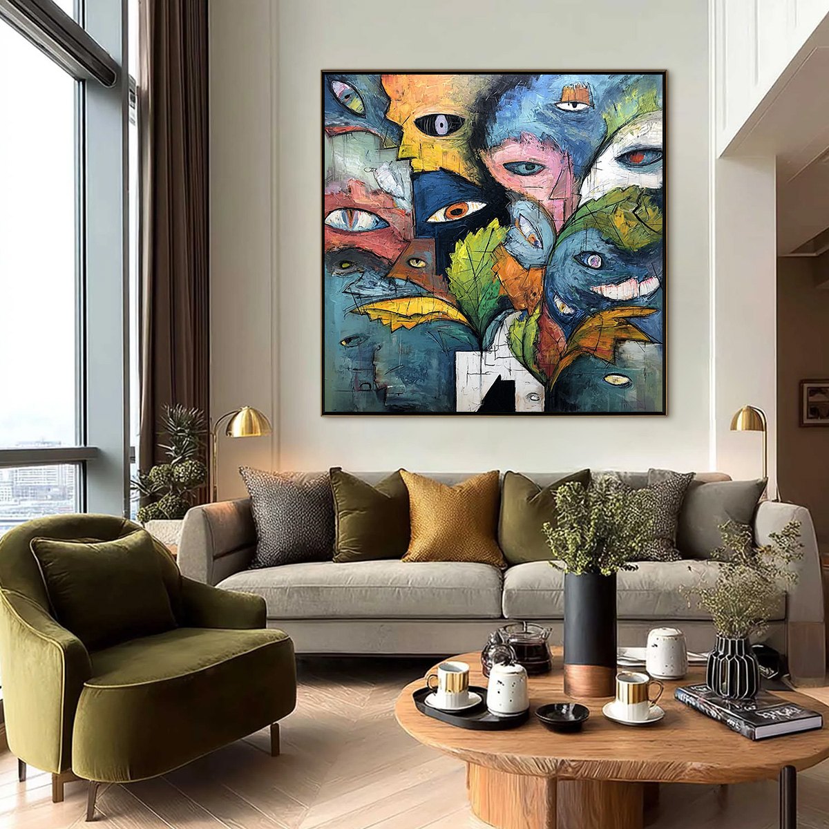 SPECTATORS: Large Colorful Abstract Faces Impasto Painting - Image 2