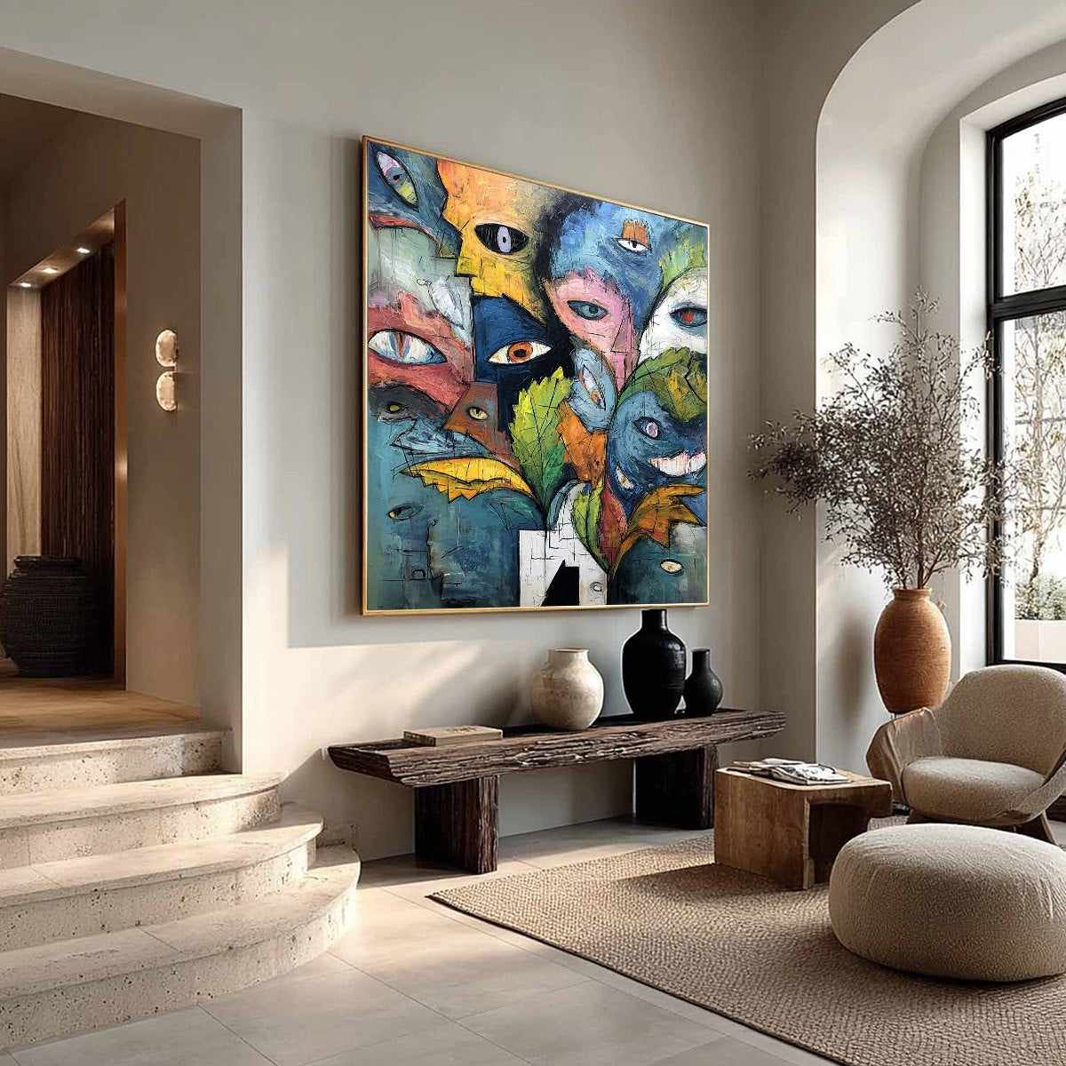 SPECTATORS: Large Colorful Abstract Faces Impasto Painting - Image 8