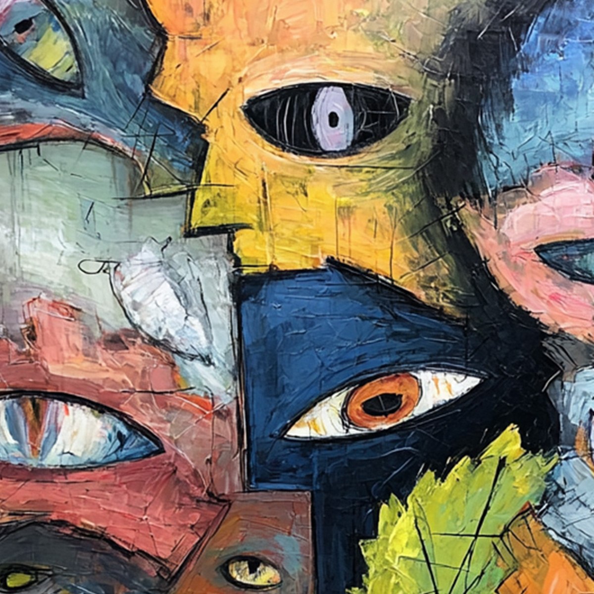 SPECTATORS: Large Colorful Abstract Faces Impasto Painting - Image 5