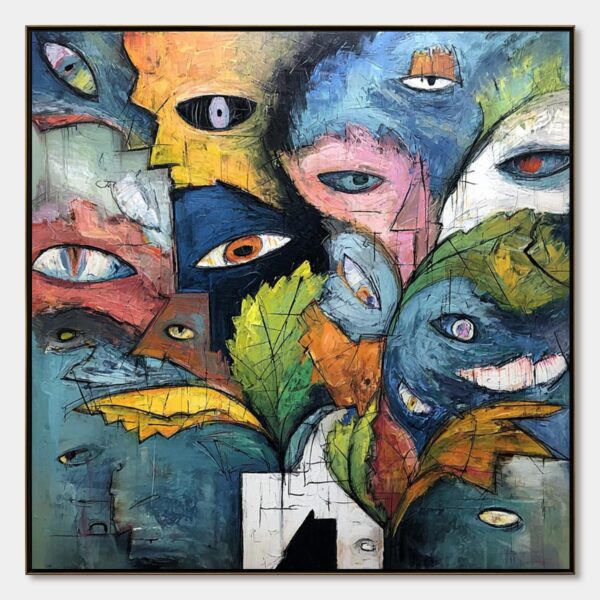 SPECTATORS: Large Colorful Abstract Faces Impasto Painting