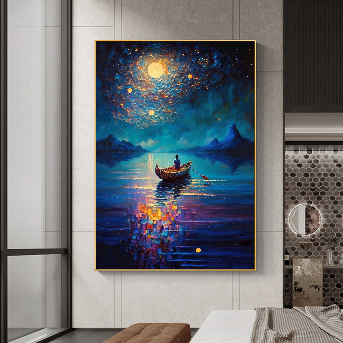 STARRY VOYAGE: Impressionist Nightscape Oil Painting in Blue - Image 7