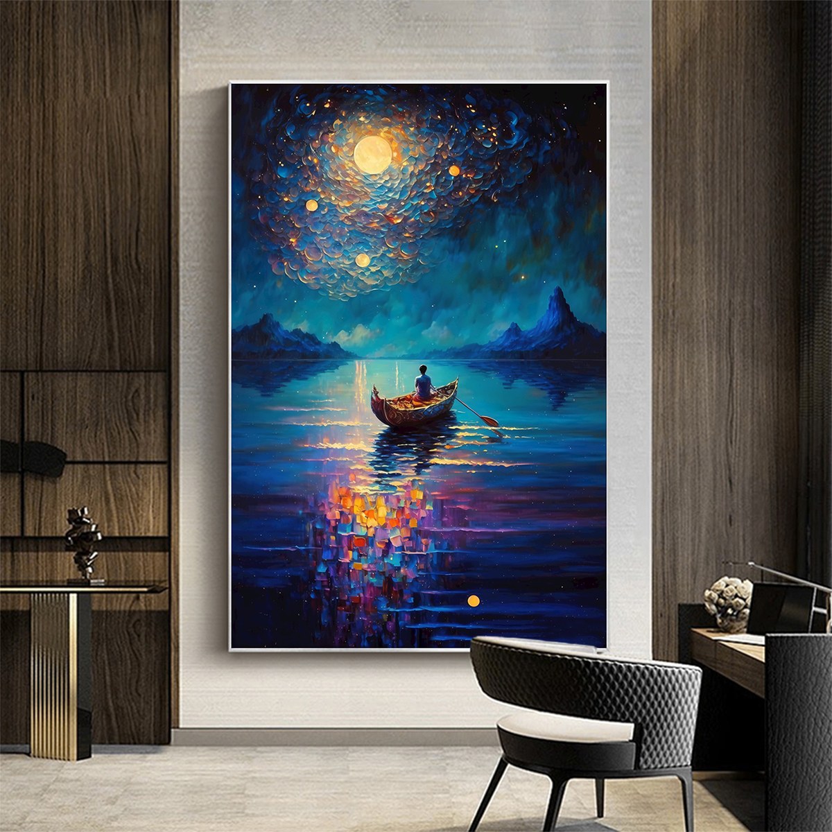 STARRY VOYAGE: Impressionist Nightscape Oil Painting in Blue - Image 8