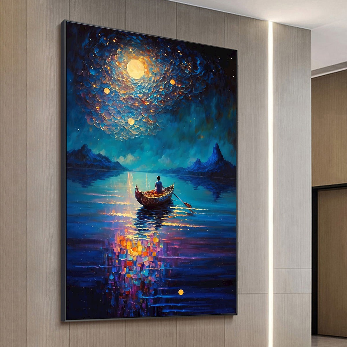 STARRY VOYAGE: Impressionist Nightscape Oil Painting in Blue - Image 4