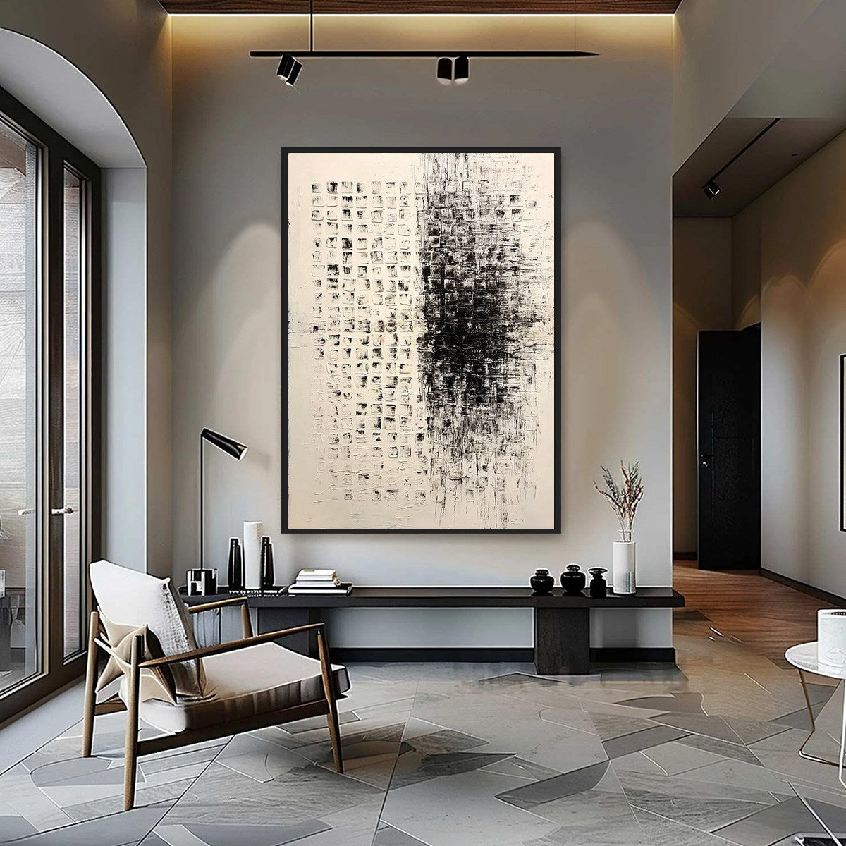 STATIC: Large Textured Black and White Minimalist Abstract Painting - Image 2
