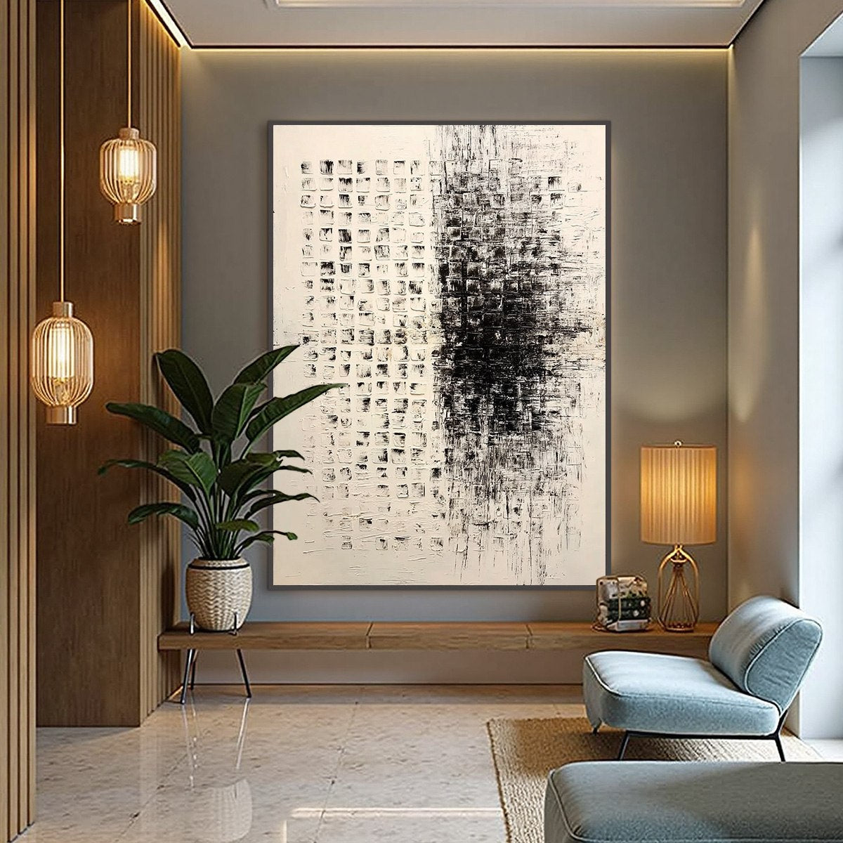 STATIC: Large Textured Black and White Minimalist Abstract Painting - Image 4