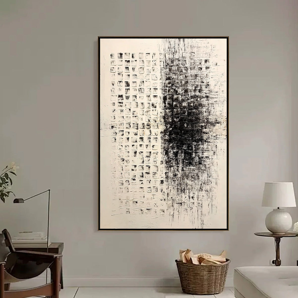 STATIC: Large Textured Black and White Minimalist Abstract Painting - Image 6