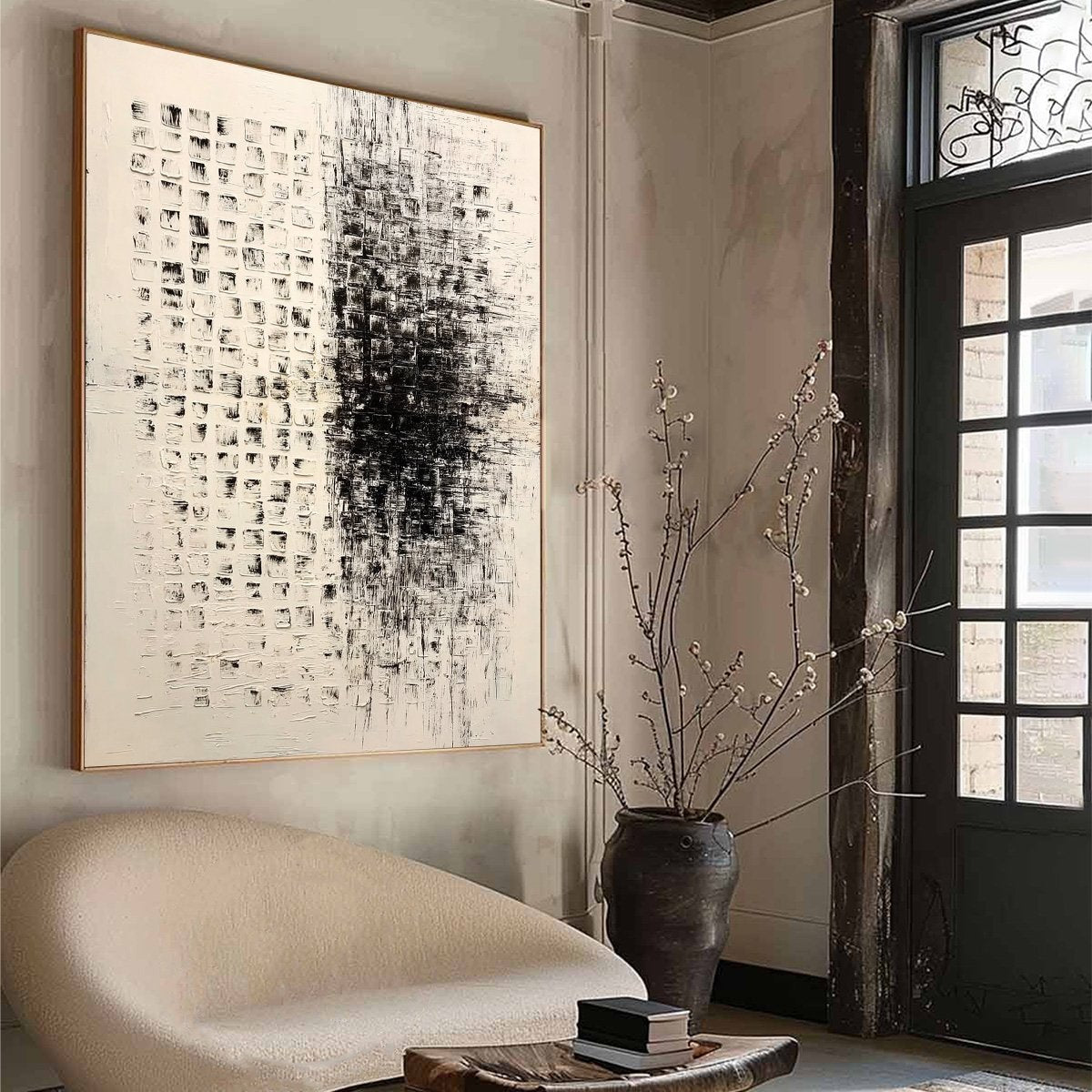 STATIC: Large Textured Black and White Minimalist Abstract Painting - Image 8