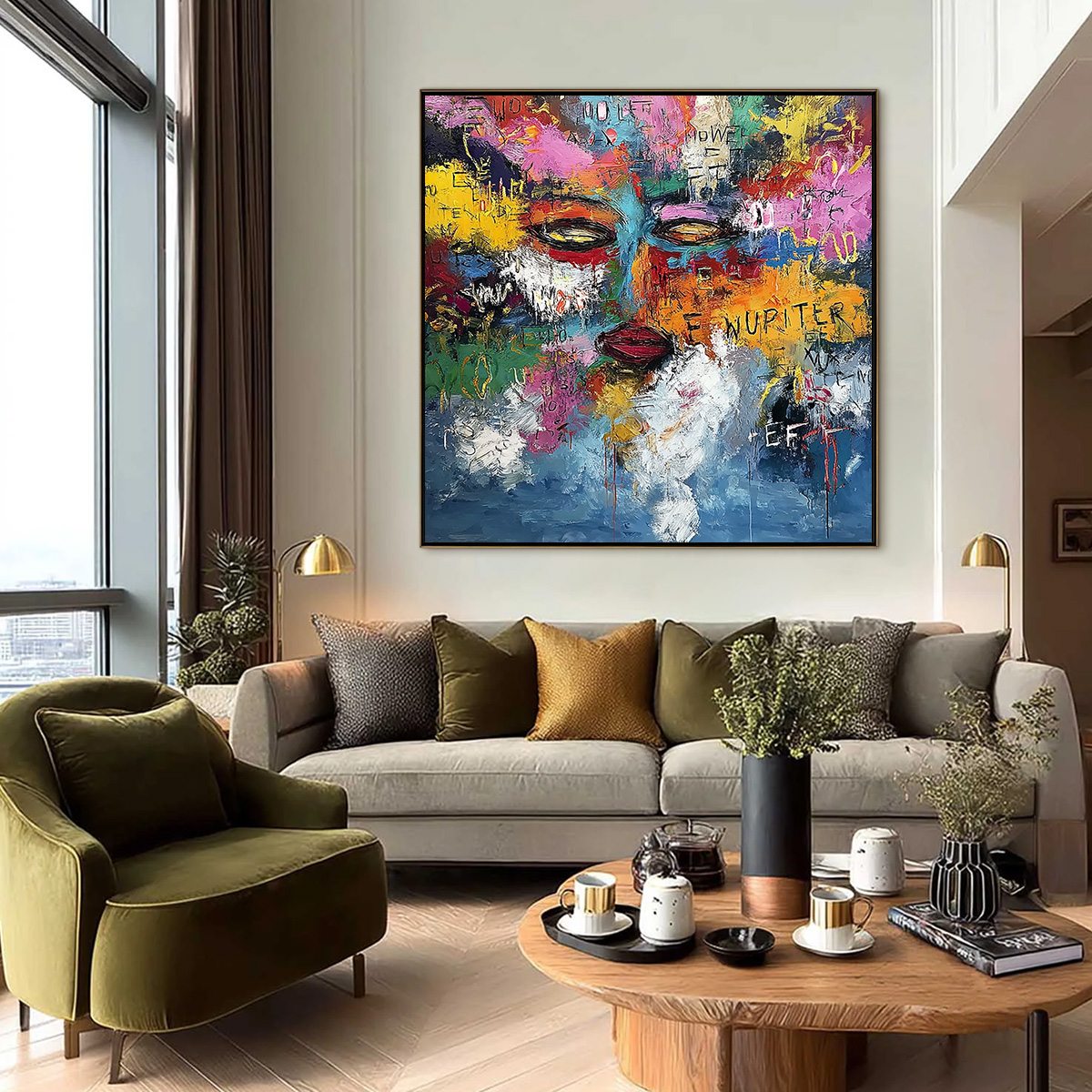 STATIC REVERIE: Colorful Abstract Graffiti Style Face Oil Painting - Image 6