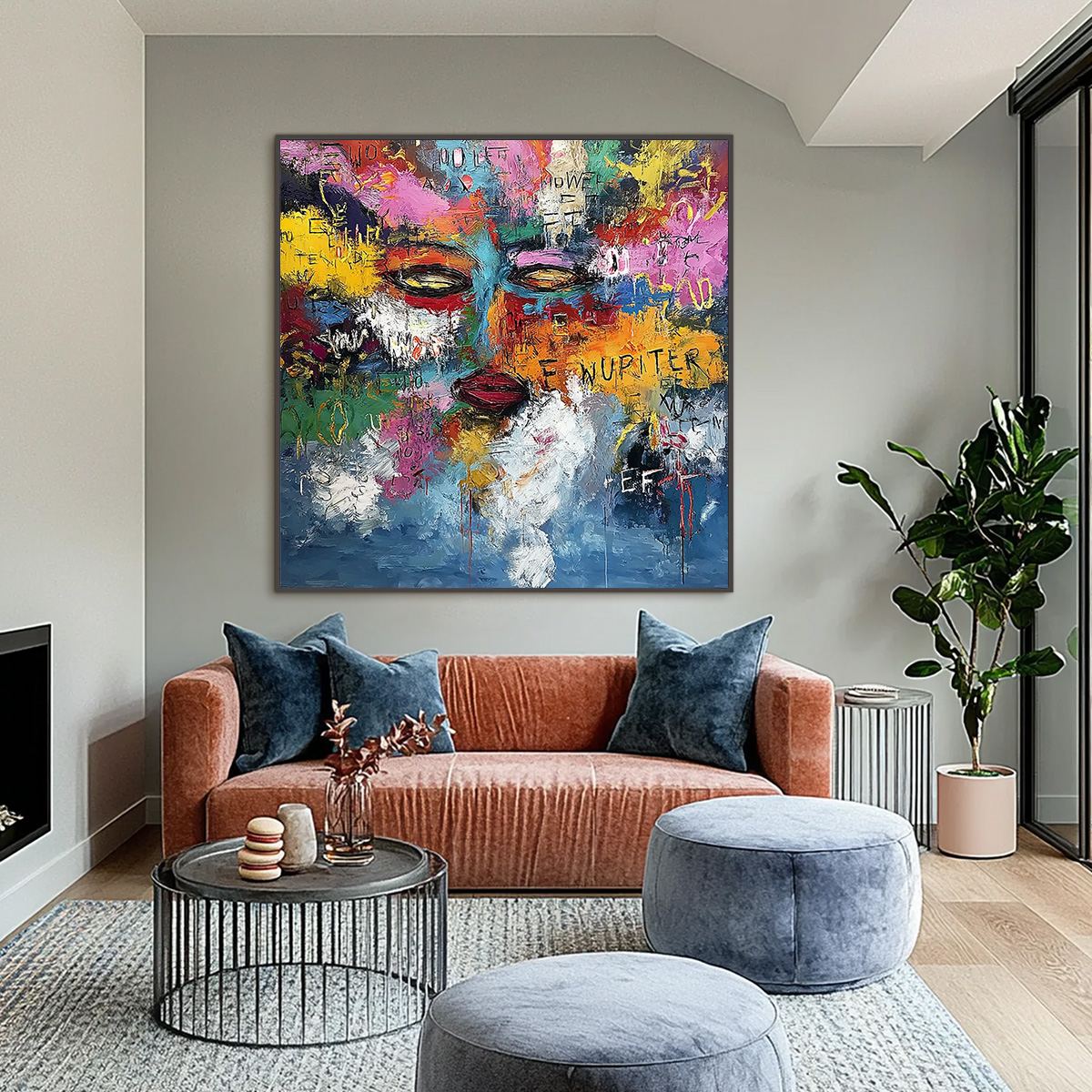 STATIC REVERIE: Colorful Abstract Graffiti Style Face Oil Painting - Image 2