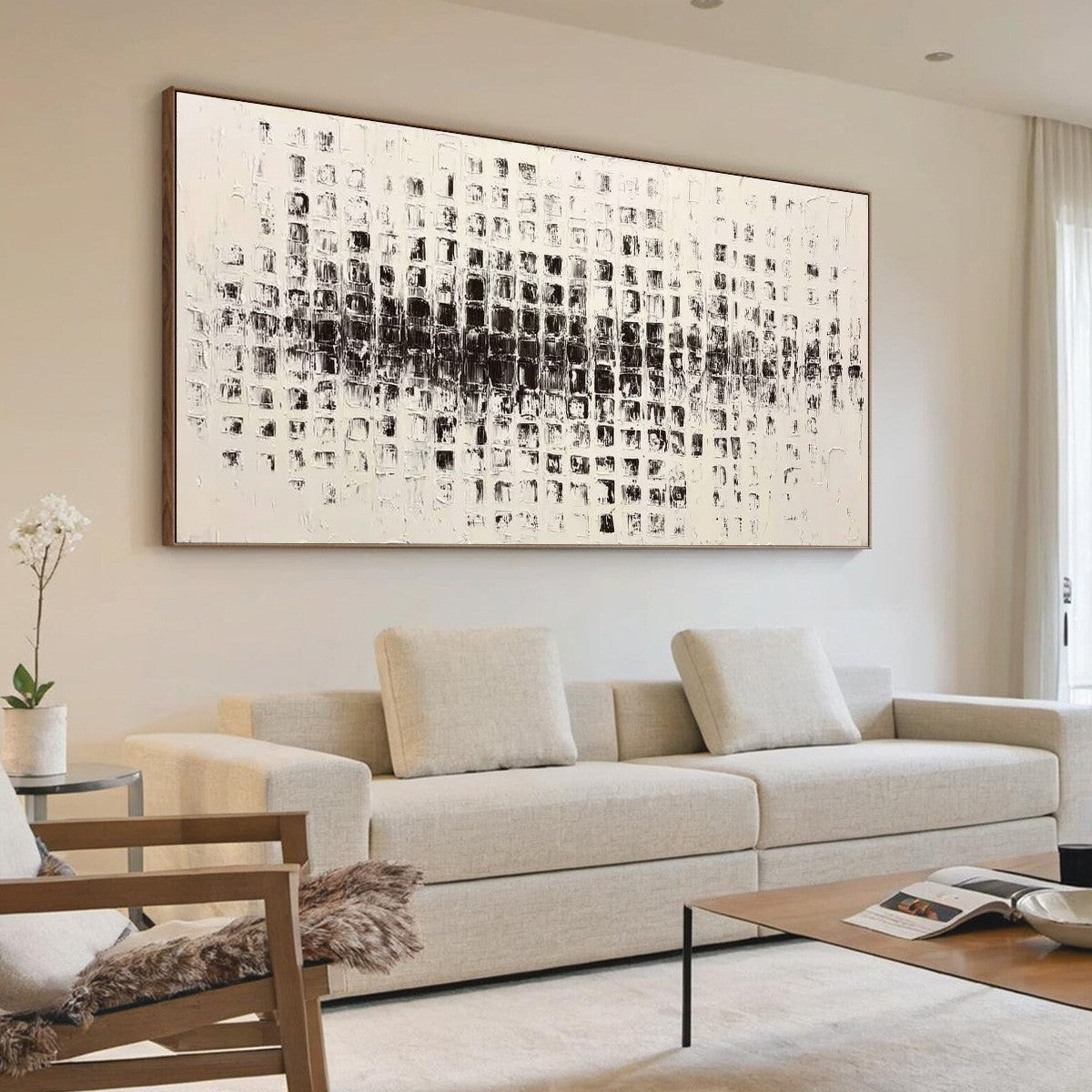 STATIC RHYTHM: Textured Black and White Minimalist Abstract Painting - Image 7