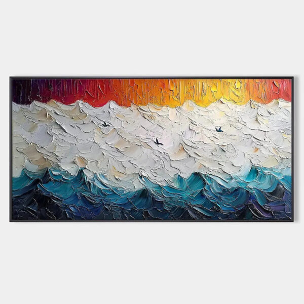 STORMY SKIES: Panoramic Ocean Painting, Impasto, Palette Knife