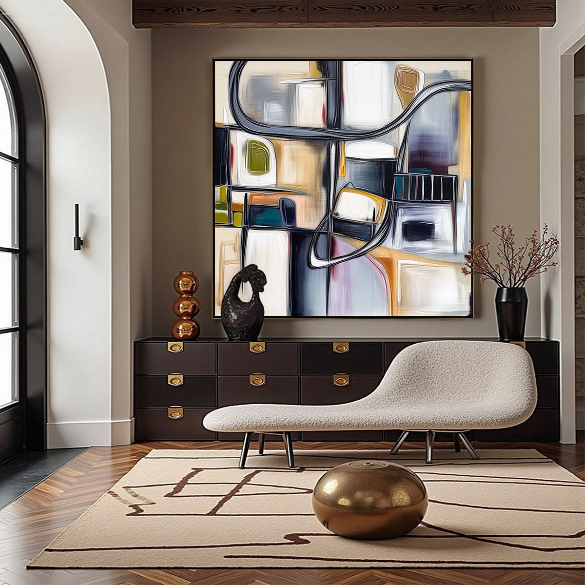 STRUCTURED CHAOS: Modern Square Abstract Painting with Architectural Lines - Image 2