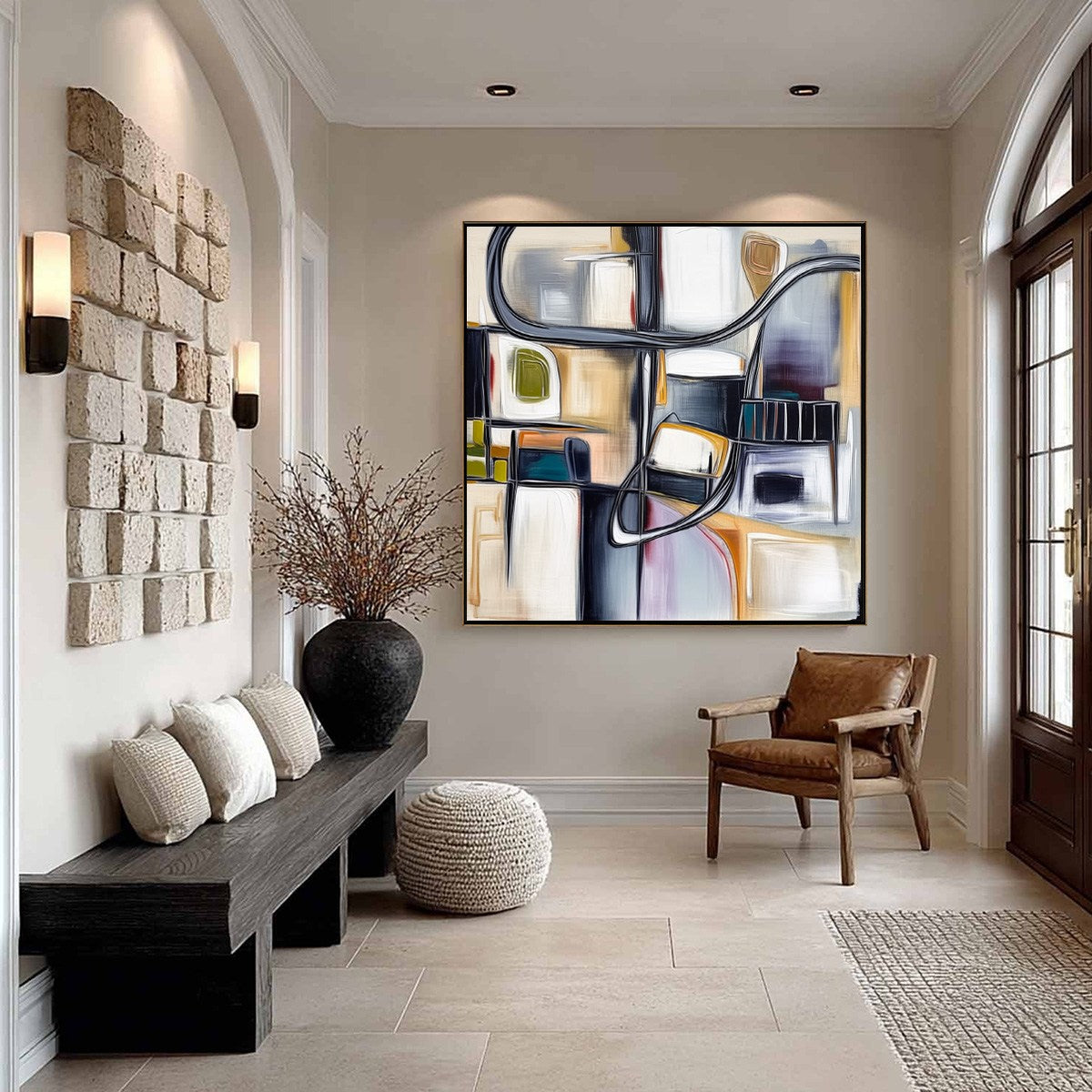 STRUCTURED CHAOS: Modern Square Abstract Painting with Architectural Lines - Image 4