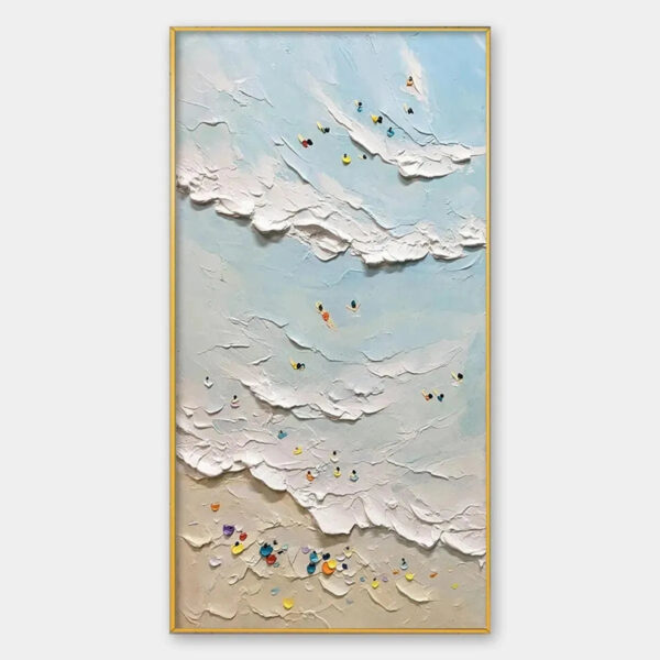 SUMMER BEACH: Textured Beach Scene Painting with Surfers and Swimmers