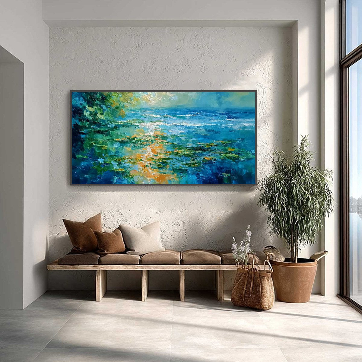 SUN-KISSED LAGOON: Textured Palette Knife Seascape Oil Painting - Image 2
