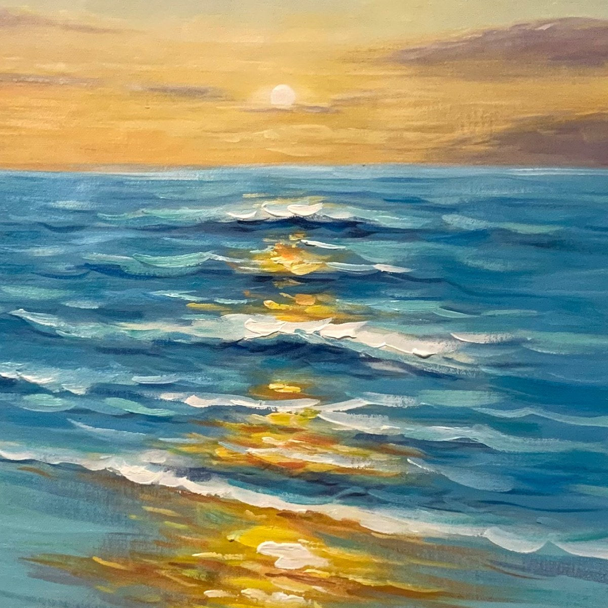 SUNKISSED SHORES: Vertical Ocean Sunset Painting, Beach Wall Art - Image 3