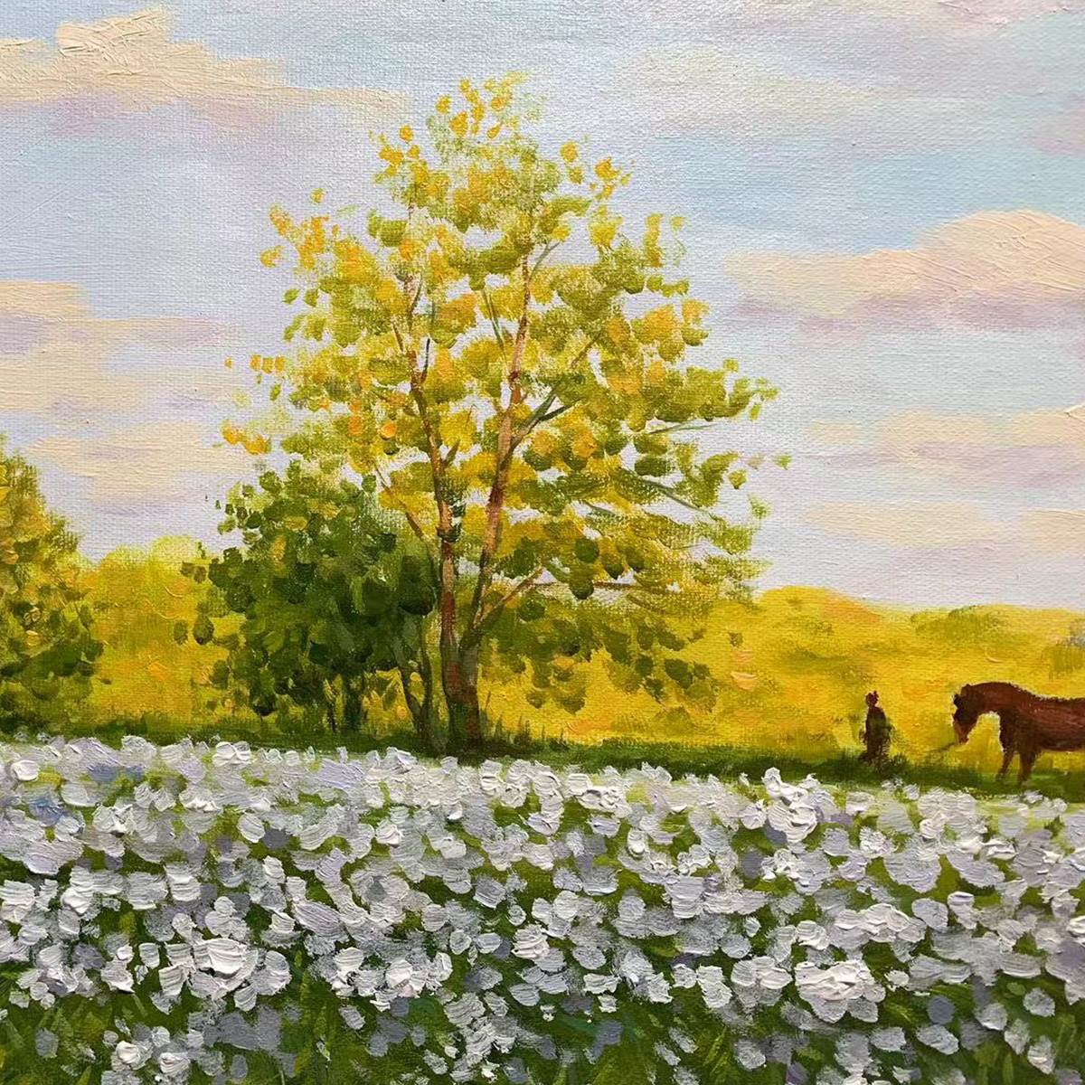 SUNLIT MEADOW: Tranquil Landscape Painting with Horse and Figure - Image 2