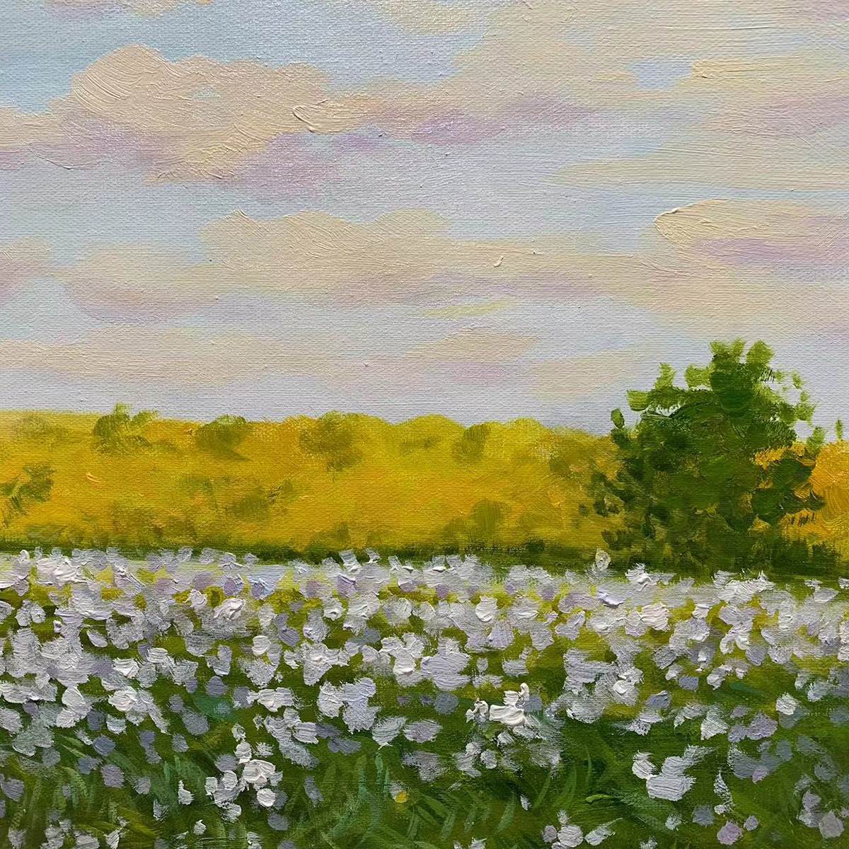 SUNLIT MEADOW: Tranquil Landscape Painting with Horse and Figure - Image 5