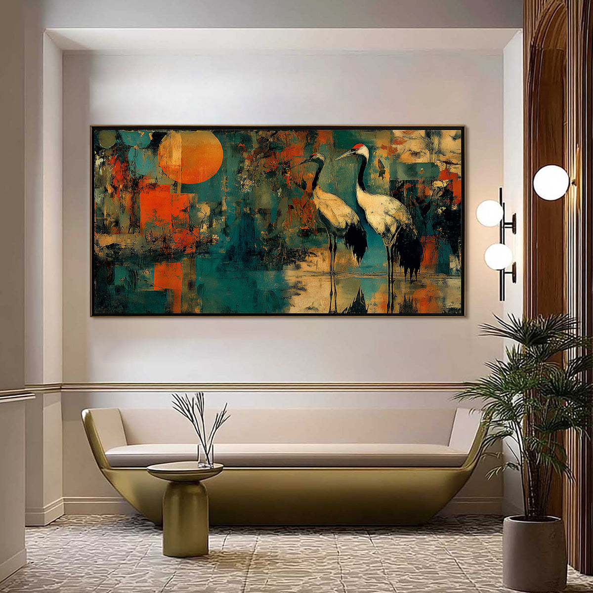 SUNSET VIGIL: Abstract Crane Painting with Teal and Orange Tones - Image 2