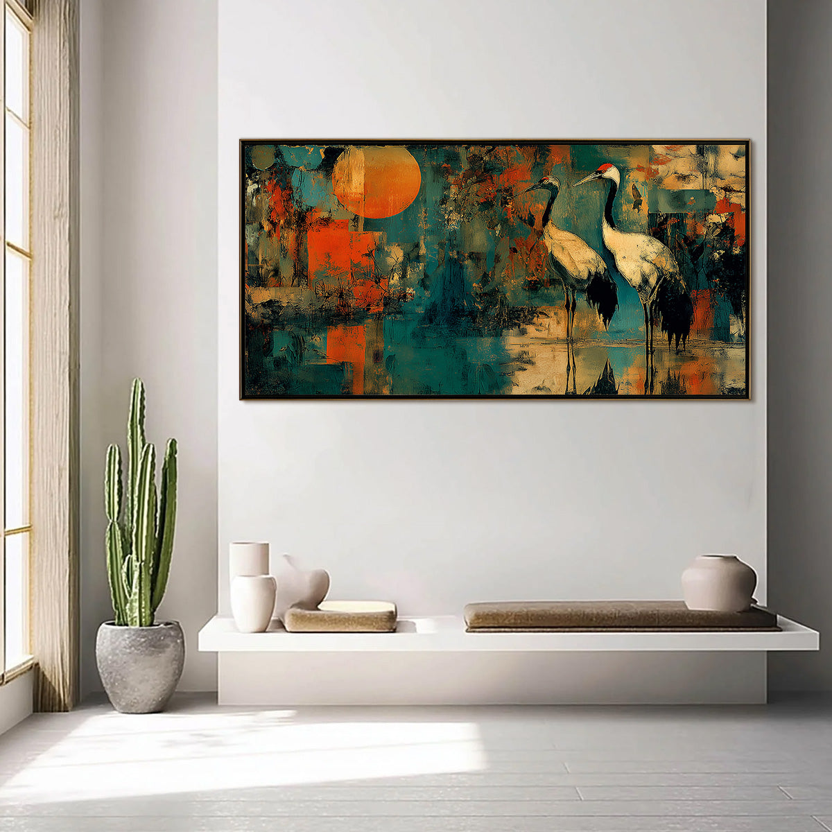 SUNSET VIGIL: Abstract Crane Painting with Teal and Orange Tones - Image 4