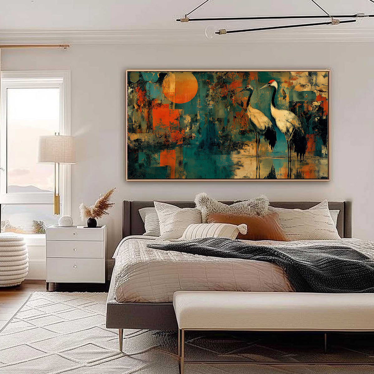 SUNSET VIGIL: Abstract Crane Painting with Teal and Orange Tones - Image 6