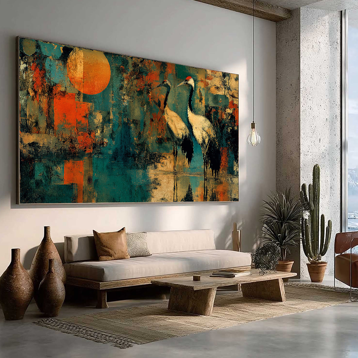 SUNSET VIGIL: Abstract Crane Painting with Teal and Orange Tones - Image 8