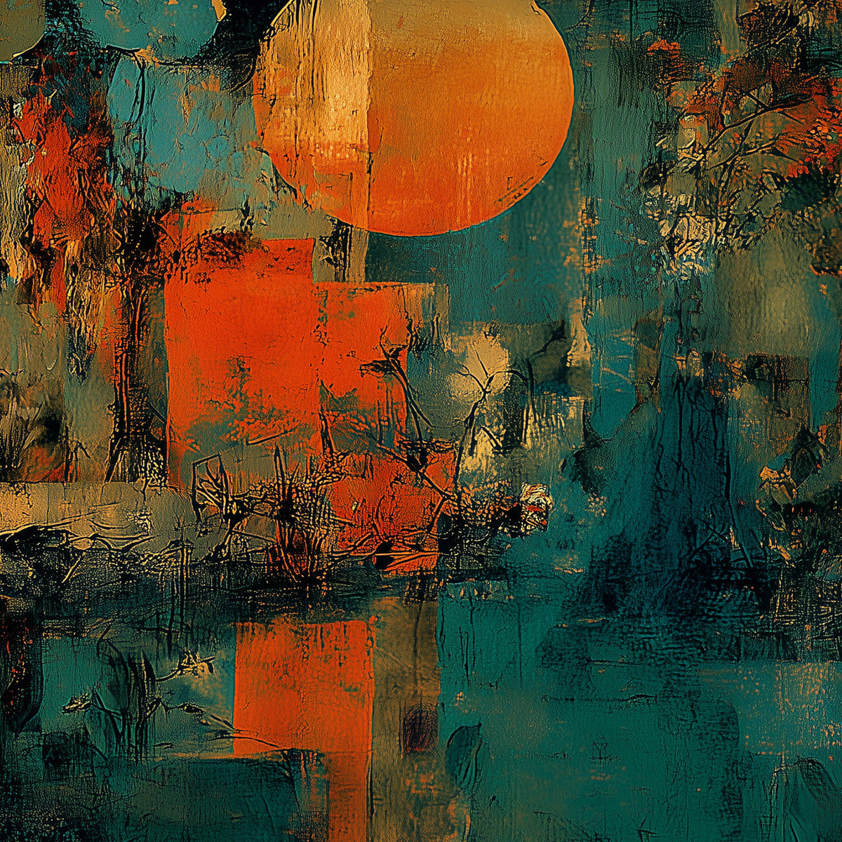 SUNSET VIGIL: Abstract Crane Painting with Teal and Orange Tones - Image 3