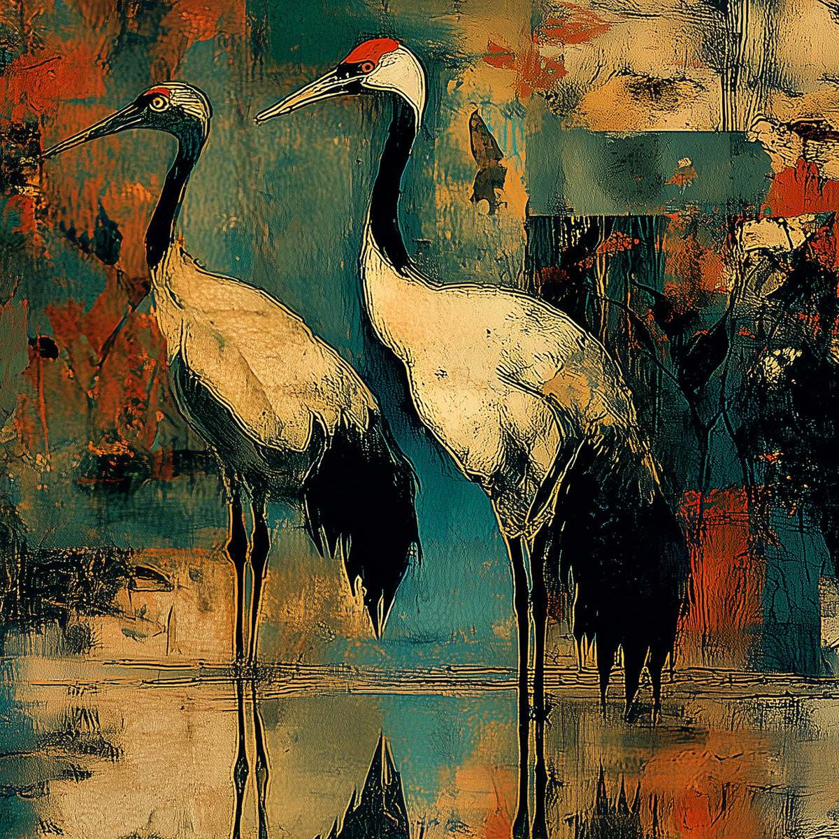 SUNSET VIGIL: Abstract Crane Painting with Teal and Orange Tones - Image 5
