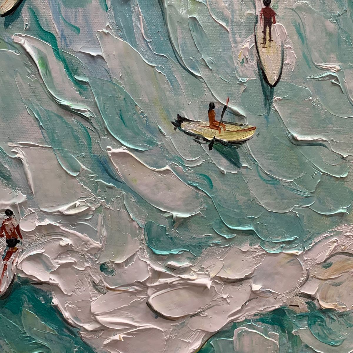 SURF'S UP: Textured Aerial View of Surfers Oil Painting - Image 3